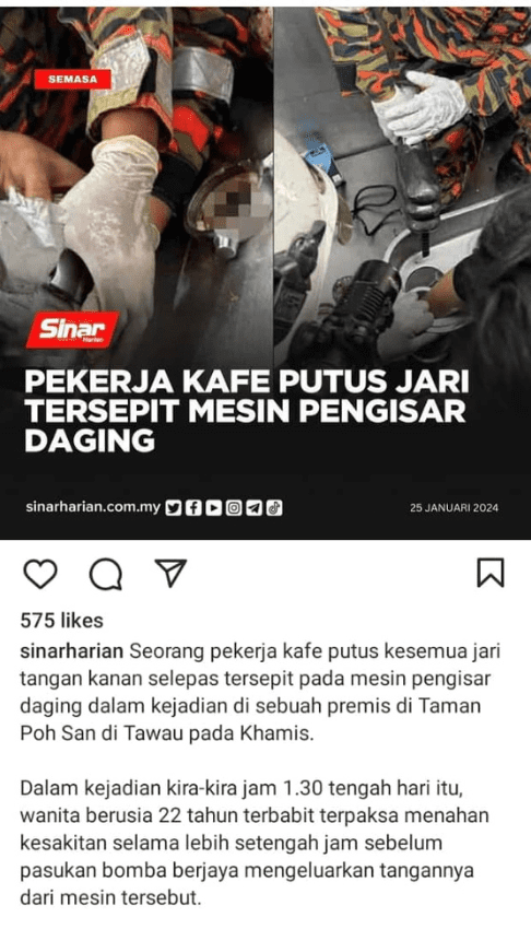 pekerja kafe putus jari tersepit mesin pengisar daging