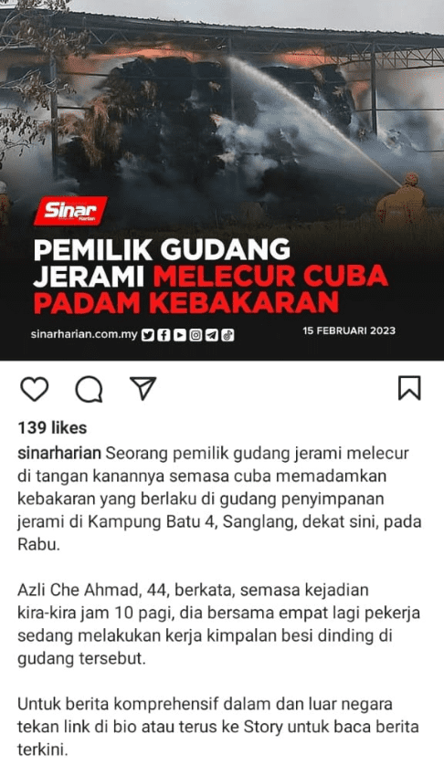 pemilik gudang jerami melecur cuba padam kebakaran