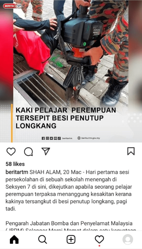 kaki pelajar perempuan tersepit besi penutup longkang