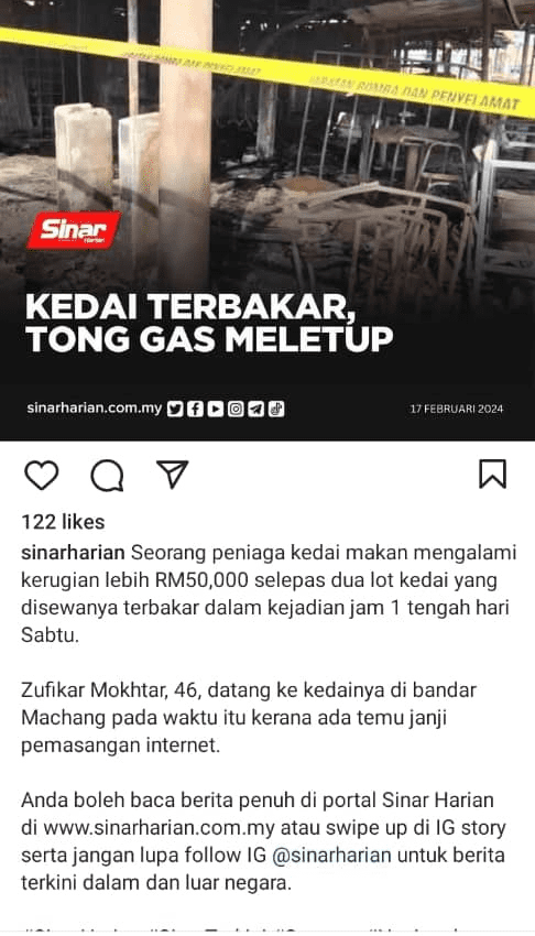 kedai terbakar tong gas meletup